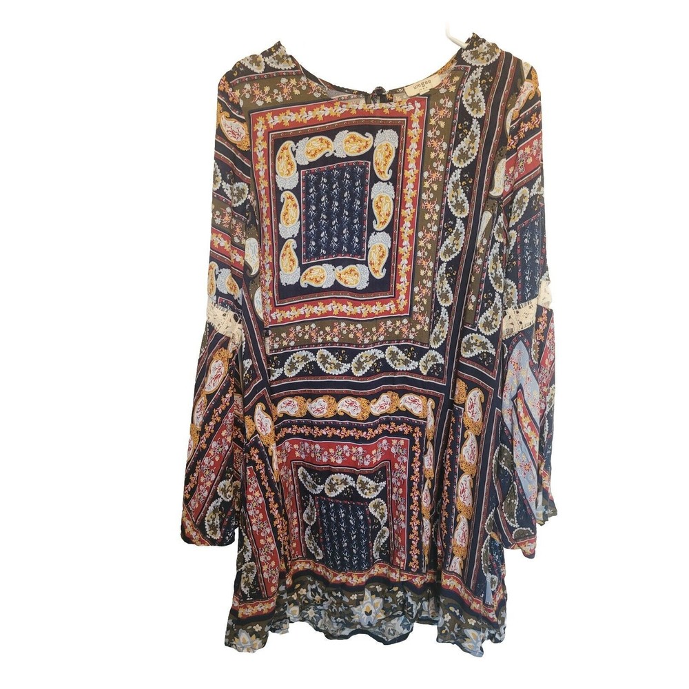 Umgee Womens Multicolored Knee Length Dress Bell Sleeve Tassel Tie Boho Medium